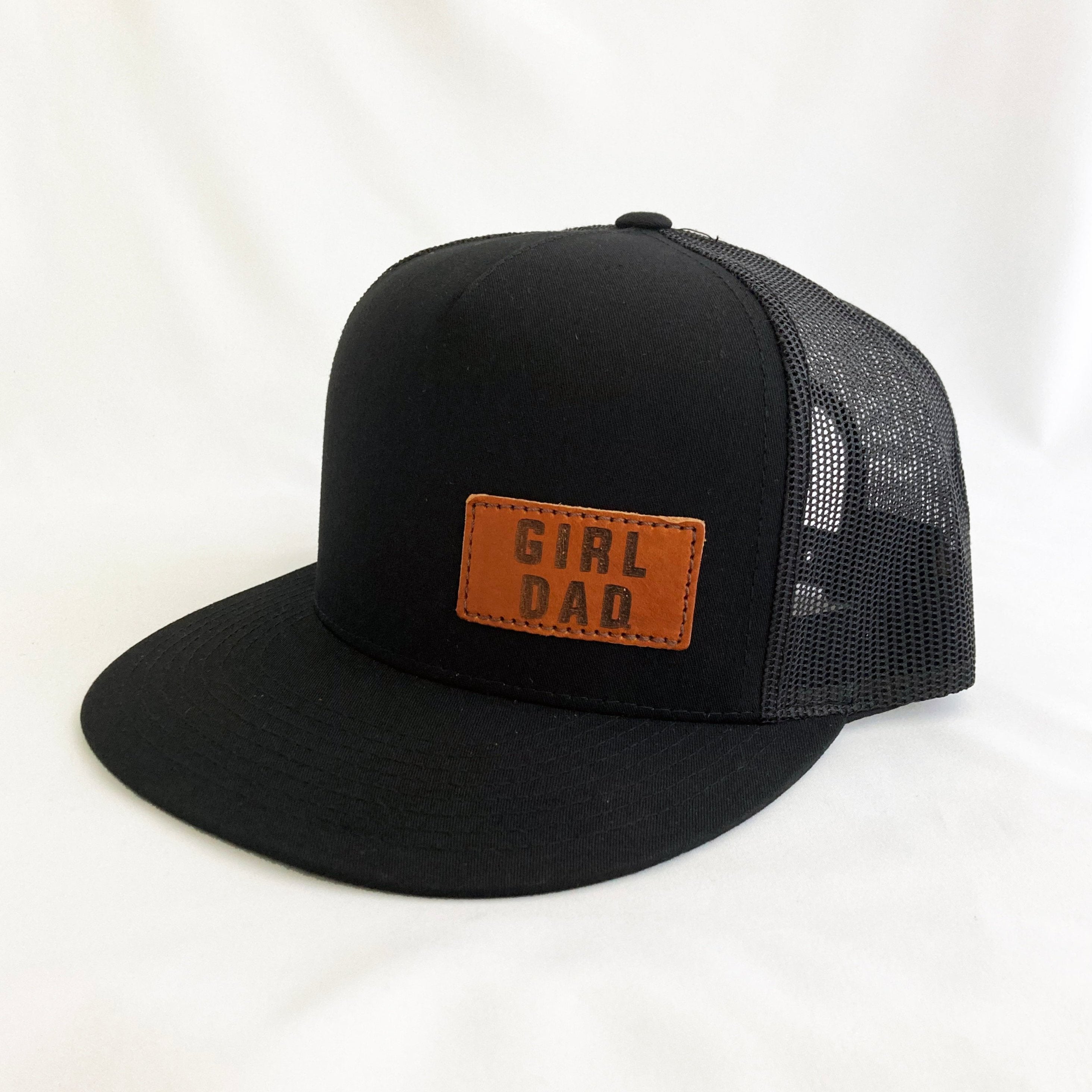 Girldad® Offset Black/Black Leather Patch Flat Bill Trucker Hat