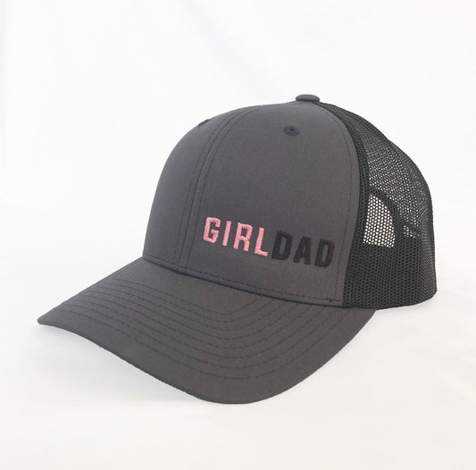 Girldad® Embroidered Trucker Hat Charcoal Black with Pink & Black Offset logo