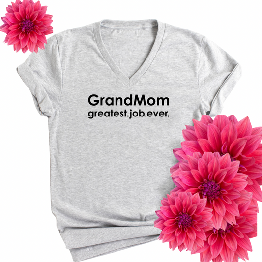 GrandMom Greatest Job Ever Heather Grey V-neck Tee