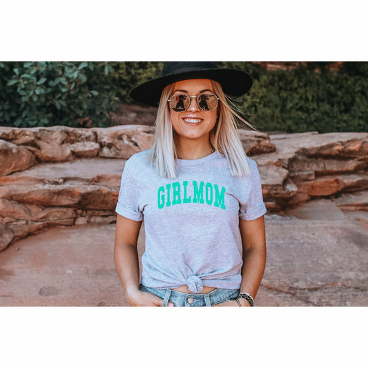 Girlmom Collegiate Turq on Gray Tee