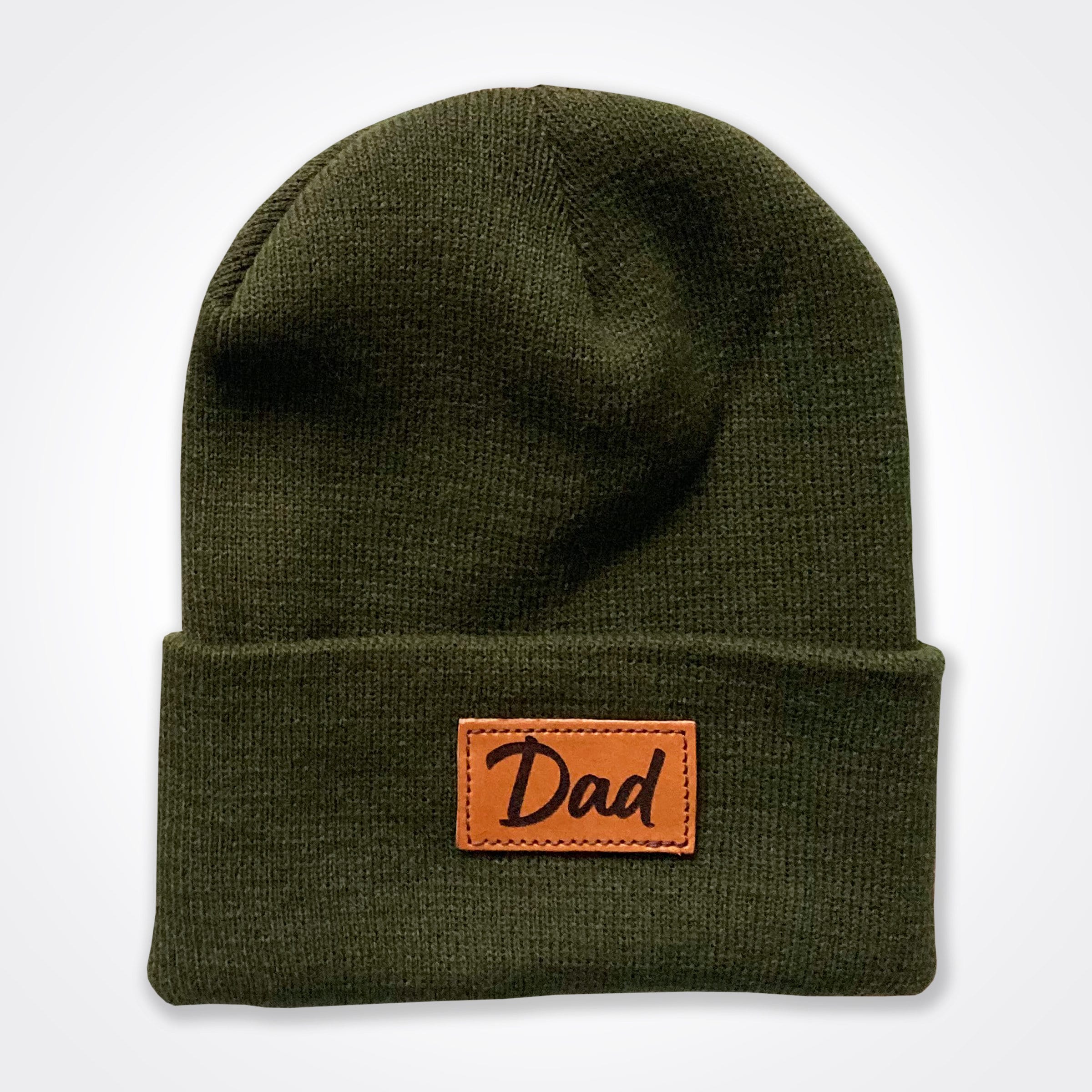 Dad Leather Patch Beanie In Olive